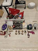 overview of plastic tote and assorted ornaments laid out