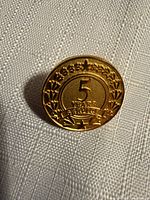 Front view of gold-tone pin showing embossed design