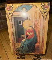 Front view of wooden plaque showing full printed religious image