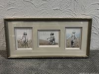 Full view of framed triptych showing three prints and frame style