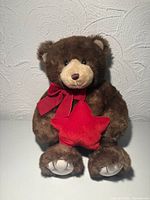 Front view showing entire teddy bear, size, colors, and attached pillow