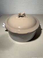 Front view of casserole with lid on