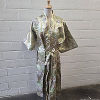Full front view of kimono robe on mannequin showing overall style and length