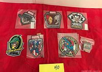 Seven items laid out on red cloth: six patches and one small pin in plastic bag