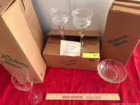 Group shot showing two candle holders, one goblet, one bowl, Princess House boxes and ruler for scale