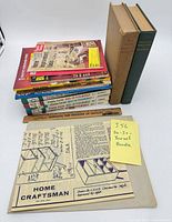 Stack showing all books, magazines and woodworking plan envelope