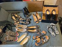 All twelve pairs arranged on couch and in box