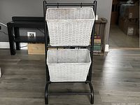 Front view of two-tier stand with baskets in place