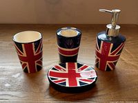 Full view of all four Union Jack ceramic bathroom pieces