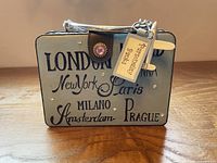 Front of metal suitcase coin bank showing city names and rhinestone