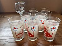 Group shot of all eleven glasses displaying designs and quantities