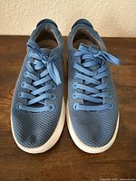 Top view of blue Allbirds sneakers showing knit uppers and laces