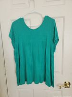 Front view of green pleated knit top (XXL) hanging on hanger