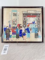 Full view of framed Chinese watercolour on silk showing figures