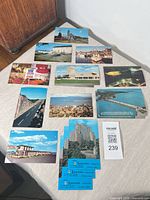 Overview of entire lot showing all postcards laid out, duplicates visible