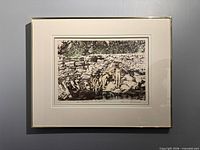 Full view of framed etching showing artwork, mat, and frame