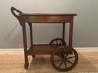 Left side view showing cart profile, large wheel, handle, two tiers
