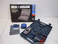 All four items: tap & die set box, multimeter kit open, needle file set, tape measure