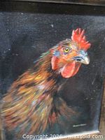 Close-up of rooster head and signature