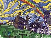 Front view of plaque showing colourful cityscape artwork