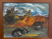 Front view of framed impasto landscape painting