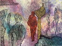 Full view of the acrylic painting showing abstract figures and colour palette