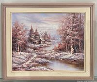 Full view of framed winter landscape oil painting