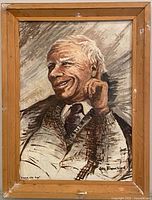 Frontal view of framed impasto portrait