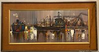 Full view of framed oil painting depicting ships and cranes