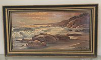 Full view of framed lithograph showing seascape and frame