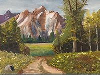 Full view of mountain landscape oil painting on board