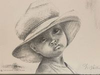 close view of portrait showing child’s face and hat with artist signature