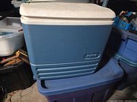 Full view of blue Igloo cooler with white lid
