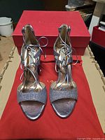 Front view of both silver glitter lace-up heels on dust bag and box