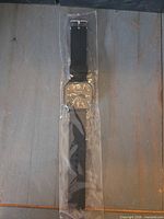 Front view of watch in sleeve showing dial, strap and overall condition