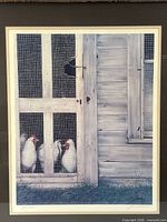 Close view of lithograph showing chickens behind coop door, signature area visible