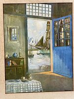 Close view of the print showing harbor scene through doorway