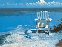Close view of printed image showing chair and ocean