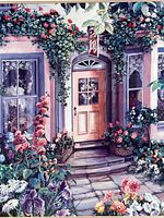 Close-up of artwork details with storefront and flowers