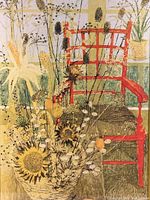 Full image of still life print showing chair, basket and frame