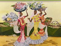 close view of watercolor showing three women with baskets