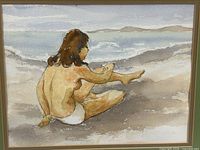 Close view of watercolor showing seated woman, beach and waves