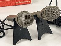 Pair of microphones on stands, mesh grilles visible