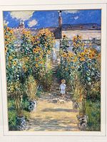 Close view of print image showing child, dog, sunflowers and steps