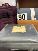 Plum Regency Egyptian towel set, blue flannel sheets, boxed sateen sheets