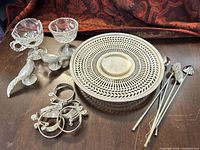 Group shot of entire lot showing tray, shakers, cups, napkin rings, stirrers