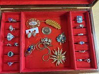 Open jewelry box showing rings, brooches, chain, earrings