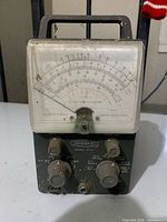 Front view showing meter face, knobs and handle