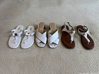 All three pairs of sandals lined up on carpet