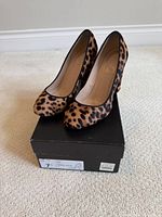 Pair of leopard pumps on box front view